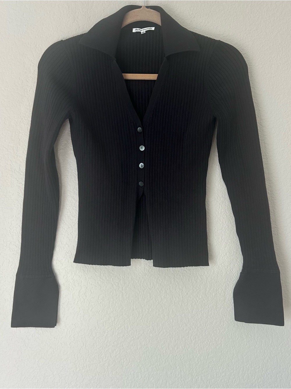 Reformation Valentina Ribbed Open Cardigan In Black - Picture 2 of 5